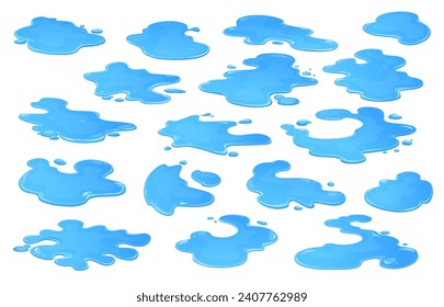 Cartoon rain water puddles. Blue liquid water splash, drop, spill and leakage top view. Isolated vector puddles, pools and wet stains with bubbles and droplets on surface, environment or nature themes