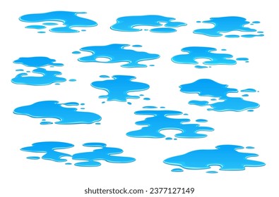 Cartoon rain water puddles. Liquid splash, leakage. Isolated vector set of wet spill blots and splodges. Fluid aqua splatters after the rainy day. Paint, gel, glue or leak elements