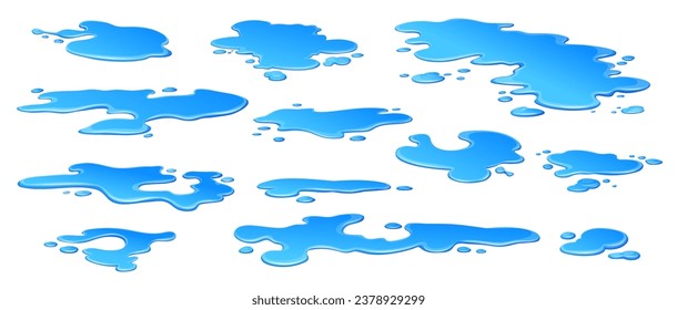 Cartoon rain water puddles, liquid water splashes and leakage, isolated vector icons. Blue water spill drops, puddles or color paint wet drips on floor surface with leak splatters and splashes