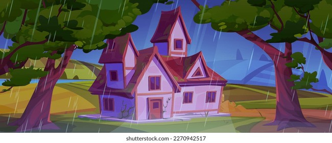 Cartoon rain weather vector background illustration. Dark blue sky, village scene with house and fields. Rainy season and wind in spring. Building in forest near farmland. Nature environment