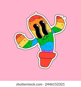 Cartoon rainbow abstract character. Retro trendy cactus sticker with funny comic characters and gloved hands. Pride Month