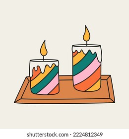 Cartoon rainbow candles vector illustration. Christmas, birthday, valentine day, holiday decoration. Groovy design. Hand drawn retro drawing