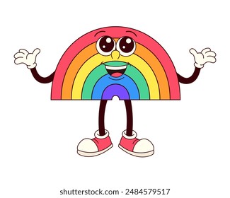 A cartoon rainbow character is smiling and waving. The rainbow is colorful and has a happy expression. The character is wearing red shoes and a rainbow-colored outfit