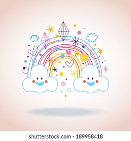 cartoon rainbow clouds hearts diamonds illustration