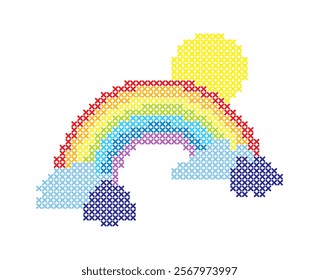 Cartoon rainbow, clouds and sun isolated on white background. Cross stitching.