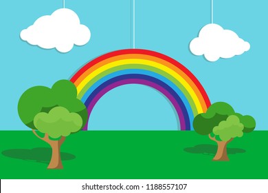 A cartoon rainbow with clouds and trees. Vector illustration of a rainbow on a blue background.