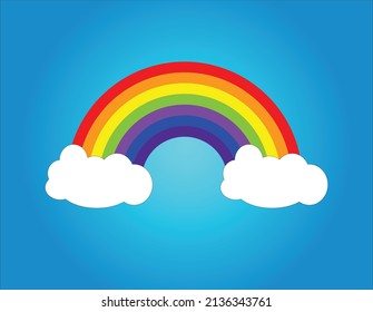 Cartoon rainbow with clouds, vector illustration. Colorful graphic design art.
