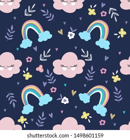 Cartoon rainbow  and clouds vector pattern background. Design for fabric, wrapping, textile, wallpaper, apparel.