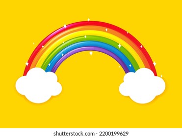 Cartoon-Regenbogen mit Wolken auf gelbem Hintergrund mit Farbverlauf-Mesh, Vektorgrafik