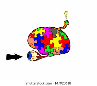 Cartoon of a rainbow color jigsaw brain with an arrow pointing into the eyeball and a confused worm wriggling out from the back.