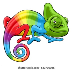 Cartoon rainbow colored chameleon lizard mascot character