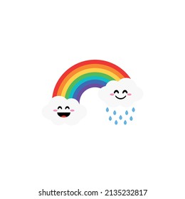 Cartoon rainbow, colorful rainbow decorated with hearts and clouds, colorful collection of graphic illustrations.