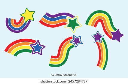 Cartoon rainbow. Colorful rainbows, Star and with rainbow colors tail. Hand drawn color arc vector illustration set