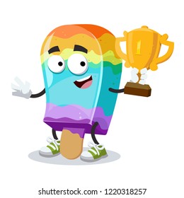 cartoon rainbow colors ice cream on a stick mascot holds the number one cup on white background