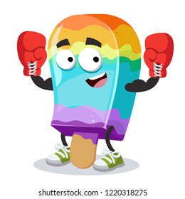 cartoon rainbow colors ice cream on a stick mascot in red boxing gloves on white background