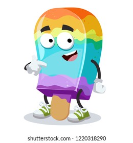 cartoon rainbow colors ice cream on a stick mascot showing himself on a white background