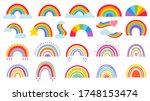 Cartoon rainbow. Colourful rainbows, heart and cloud with rainbow colors tail. Hand drawn color arc vector illustration set. Cartoon rainbow doodle, graphic colorful collection
