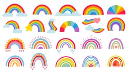 Cartoon Rainbow. Colourful Rainbows, Heart And Cloud With Rainbow Colors Tail. Hand Drawn Color Arc Vector Illustration Set. Cartoon Rainbow Doodle, Graphic Colorful Collection