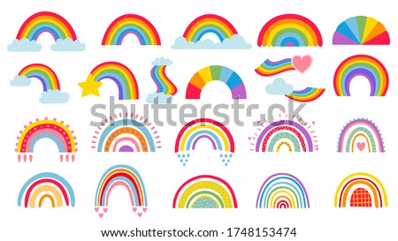 Cartoon rainbow. Colourful rainbows, heart and cloud with rainbow colors tail. Hand drawn color arc vector illustration set. Cartoon rainbow doodle, graphic colorful collection Foto stock © 