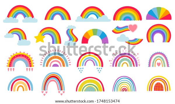 Cartoon rainbow.\
Colourful rainbows, heart and cloud with rainbow colors tail. Hand\
drawn color arc vector illustration set. Cartoon rainbow doodle,\
graphic colorful\
collection