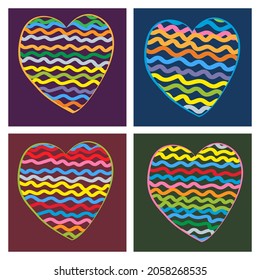 Cartoon rainbow Colourful wavy hearts. Hand drawn color art vector illustration set. Doodle, graphic collection