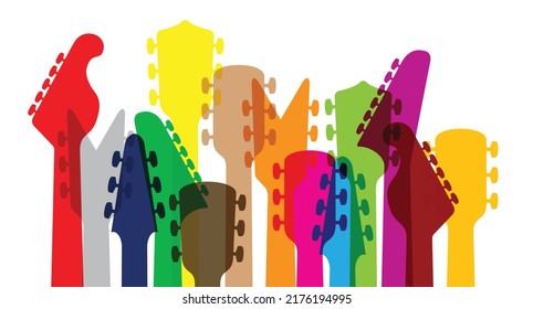 Icono de arco iris de dibujos animados, cabezal de guitarra Cuellos de guitarra de rock o silueta de cabeza Icono o logotipo Vector. Animación musical acústica. Símbolo de la cabeza de la guitarra.  