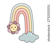 Cartoon rainbow with flower and cloud, Retro spring rainbow illustration, Cute summer sky object, Hand drawn vector kids design.