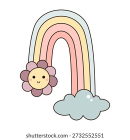 Cartoon Regenbogen mit Blume und Wolke, Retro Frühling Regenbogen Illustration, Niedliches Sommerhimmelobjekt, Handgezeichnete Vektorgrafik Kinder Design.