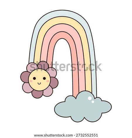 Cartoon rainbow with flower and cloud, Retro spring rainbow illustration, Cute summer sky object, Hand drawn vector kids design.