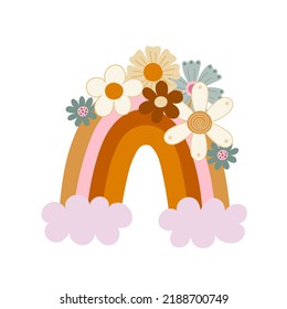 Cartoon rainbow, flowers, décor elements. colorful vector illustration, retro style. design for cards, print, posters, logo, cover