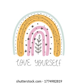 cartoon rainbow, hand drawing lettering. Colorful vector illustration, flat style. design for design for cards, print, posters, logo, cover