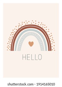 Cartoon rainbow with Hello phrase. Cute kids poster, card, or print in nordic style. Hand drawn vector illustration, design element for Scandinavian interior.