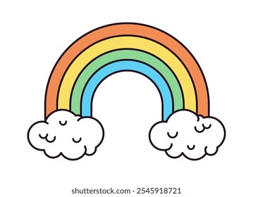 Cartoon rainbow icon. Funny psychedelic 70s hippie rainbow, 60s rainbow symbol flat vector illustration. Retro hippie rainbow badge