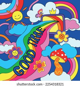 Cartoon rainbow kids poster 90s. Retro kidscore colorful background or poster with decorative elements. Good time retro vibe 90s and y2k style 