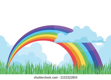 Cartoon rainbow landscape with grass and clouds