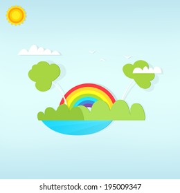 dibujos animados arco iris sobre el bosque. ilustración de papel plano