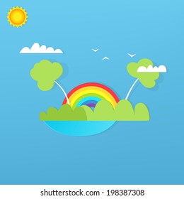 cartoon rainbow over forest. flat paper illustration