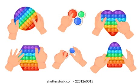 Cartoon rainbow pop it toy bubbles. Relaxing sensory toys for children. Hands holding colorful anti stress game of different shapes. Simple dimple entertainment for kids isolated vector set