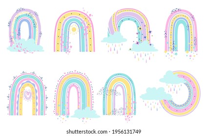 Cartoon rainbow. Scandinavian rainbows with heart and stars in pastel colors. Elements for childish patterns, wallpaper and stickers vector set. Clouds with pouring rain, decorative objects