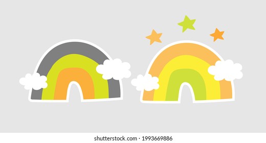 Cartoon rainbow. Set of cartoon flat trendy rainbows. Vector illustration isolated on gray background.