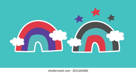 Arcoiris de dibujos animados. Conjunto de arcos de moda llanos de dibujos animados. Ilustración vectorial aislada en fondo azul.