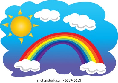 A cartoon rainbow with sun and clouds