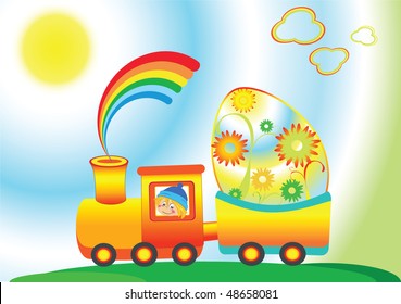 Cartoon rainbow train with  Easter egg