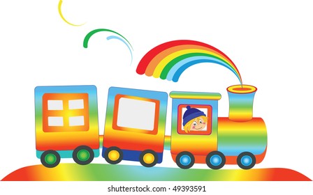 Cartoon rainbow train with fairy boy