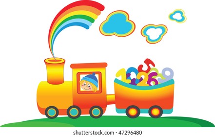 Cartoon rainbow train with figures