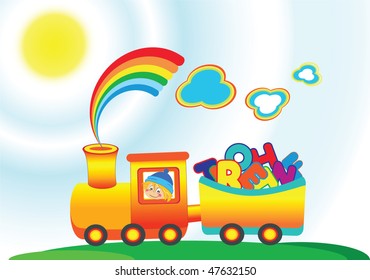 Cartoon rainbow train with letter abcde