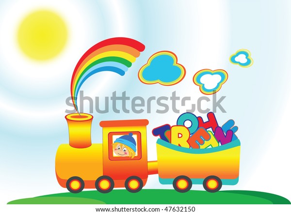 Cartoon rainbow train\
with letter abcde