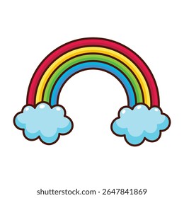 Cartoon rainbow with two blue clouds icon isolated on white background