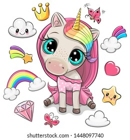 Cartoon Rainbow unicorn girl and set of cute design elements