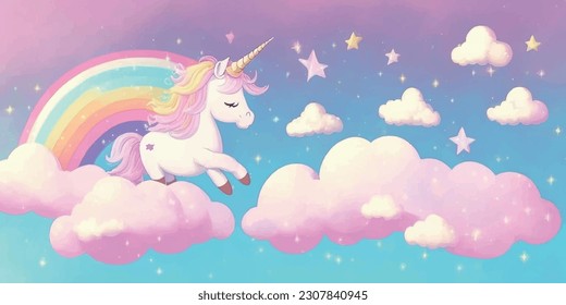 Cartoon rainbow unicorn Pegasus pony horse in heaven.Kawaii cute fairy tale sweet dreamy light pastel white fluffy clouds sky with stars.Baby nursery wall design.Childish wallpaper for kids.Vector art